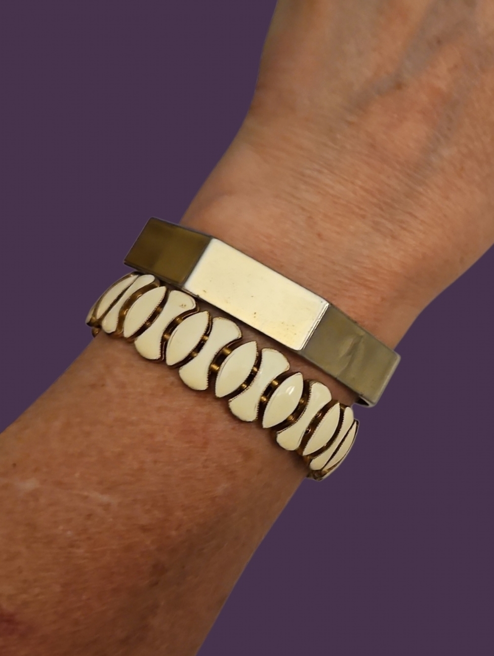 Vintage Metal Hexagon Bangle and Enamel Cuff Bracelets